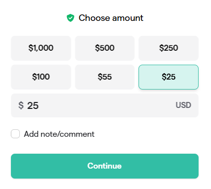 Givebutter donation amount selector with $25 chosen and a Continue button