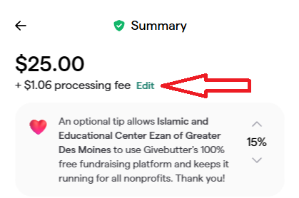 Click Edit next to the processing fee